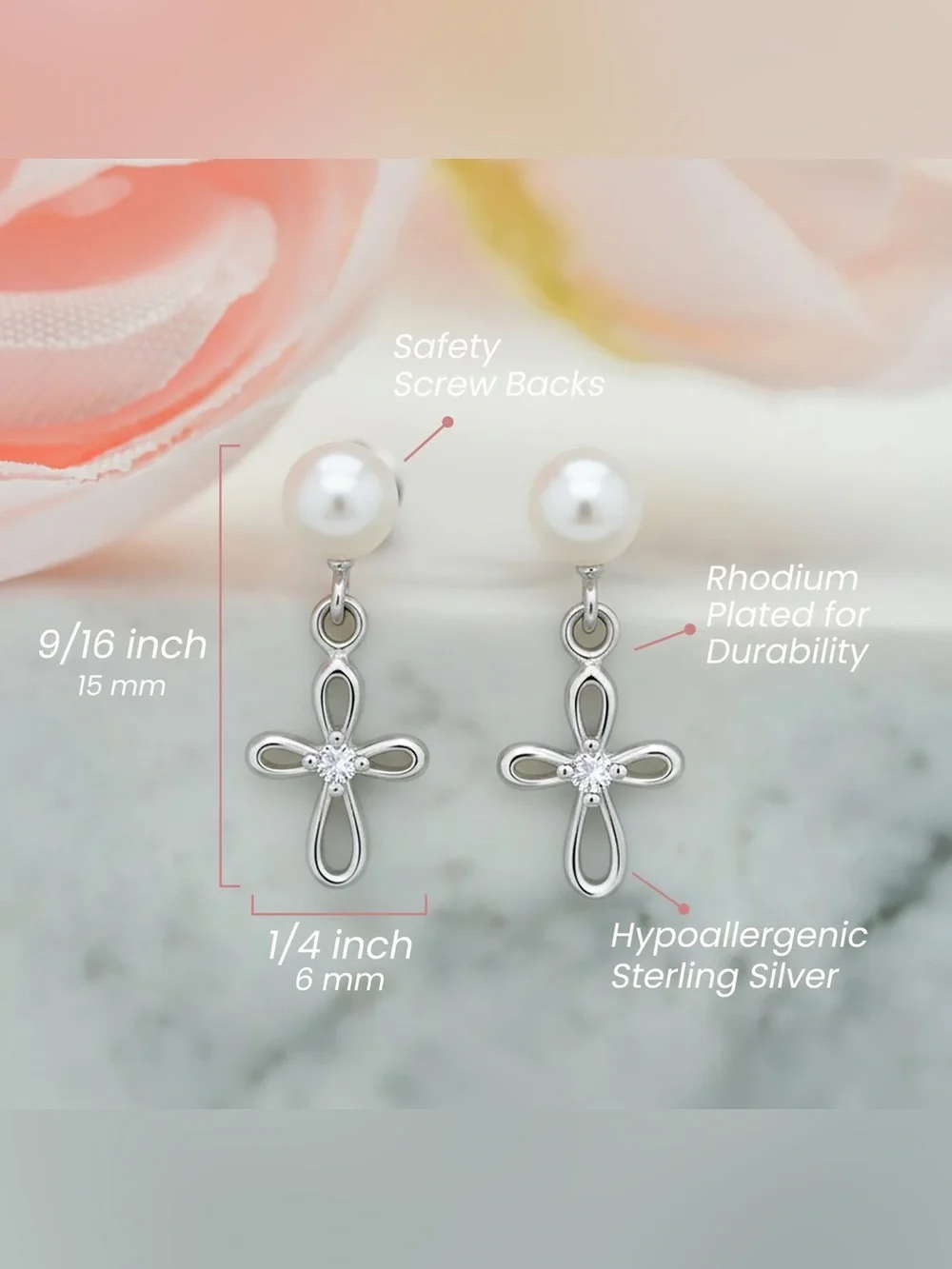NEW! Girls Pearl & CZ Cross Dangle Earrings, Sterling Silver in Giftbox